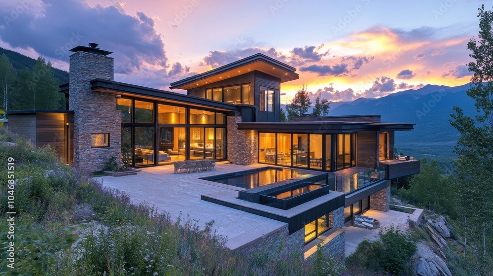 Contemporary mountain retreat with panoramic views.