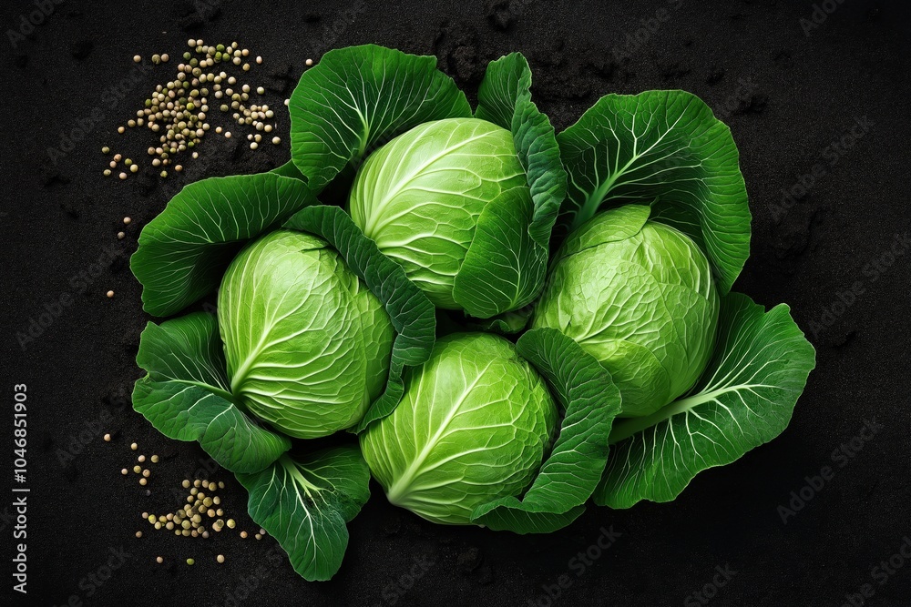 Fototapeta premium Four fresh green cabbage heads on a dark background with scattered coriander seeds on the left.