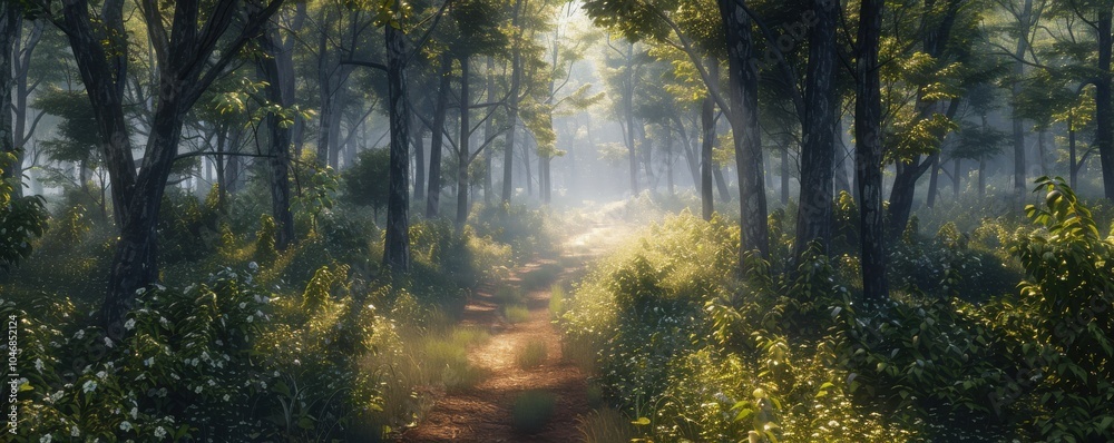 Fototapeta premium Peaceful forest path with sunlight filtering through the trees, 4K hyperrealistic photo