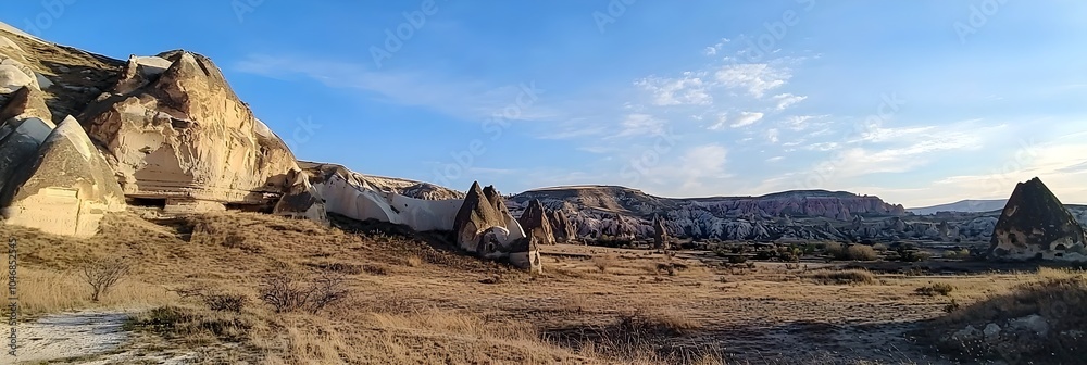 Obraz premium Breathtaking aerial view of a hot air balloon ride over the stunning Cappadocian desert in Turkey with its iconic rock formations basking in the early morning light