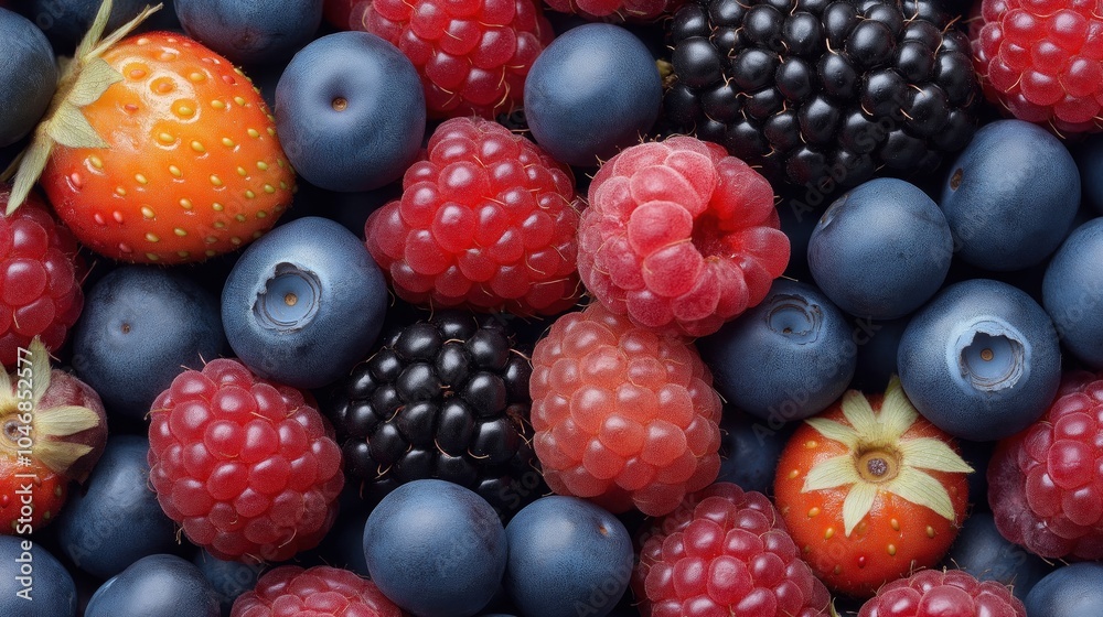 Close-up assortment of fresh berries, including strawberries, blueberries, raspberries, and blackberries. Close-up assortment of fresh berries, including strawberries, blueberries, raspberries, and blackberries.