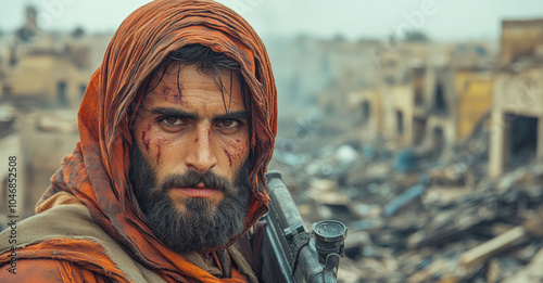 The warrior man with a rifle standing in traditional Palestinian attire and a headscarf