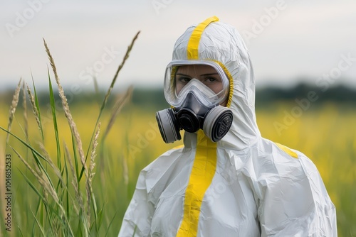 Person in protective suit observing field of tall grass. photo