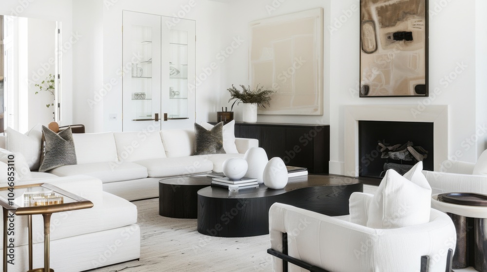 A chic and modern living room design featuring a white canvas backdrop, Carefully selected minimal furniture, Minimalist urban chic style A chic and modern living room design featuring a white canvas backdrop, Carefully selected minimal furniture, Minimalist urban chic style