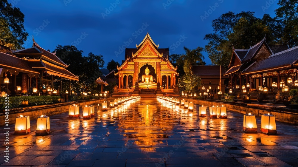 Fototapeta premium Serene Buddhist Temple at Dusk with Lanterns and Reflections