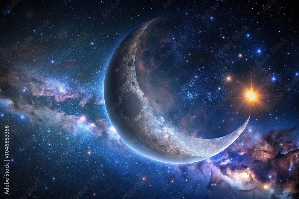 Obraz premium Close-up of a new moon in the dark sky with stars and galaxies, lunar cycle, galaxy, astronomical event, astronomy