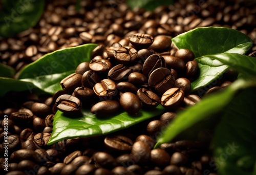 magnificent close shot showcasing vibrant coffee beans rich textures natural details under soft lighting, roasted, organic, cocoa, aroma, seed, brews