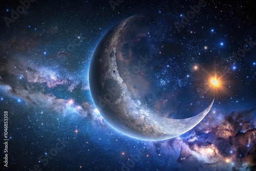 Close-up of a new moon in the dark sky with stars and galaxies, lunar cycle, galaxy, astronomical event, astronomy