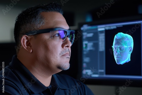 Professional man analyzing facial model on computer screen