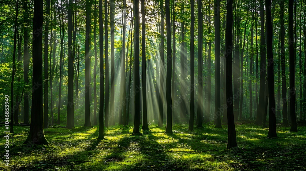 Sunlight streams through trees in a vibrant green forest. Sunlight streams through trees in a vibrant green forest.