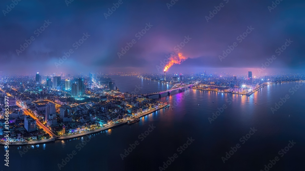Night Cityscape with Vibrant Lights and Smoke Night Cityscape with Vibrant Lights and Smoke