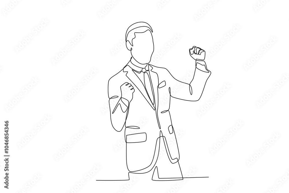 Single one line drawing young happy business man and business woman celebrating their success achieve business target. Business man who is happy because of success in career Single one line drawing young happy business man and business woman celebrating their success achieve business target. Business man who is happy because of success in career