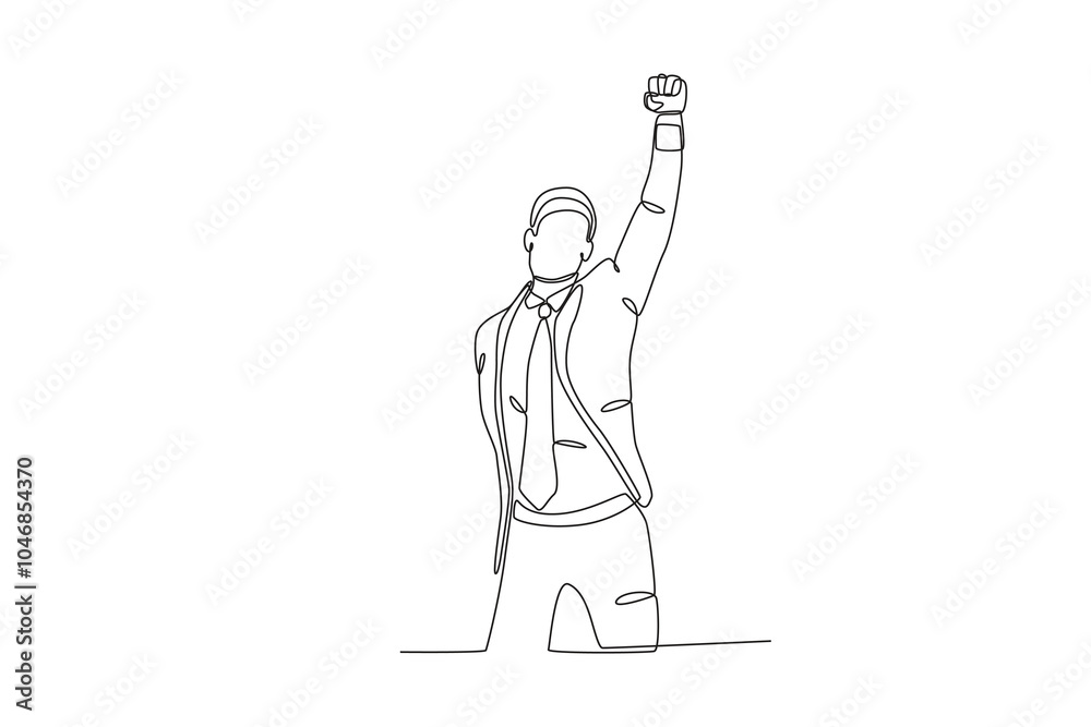 Obraz premium Single one line drawing young happy business man and business woman celebrating their success achieve business target. Business man who is happy because of success in career