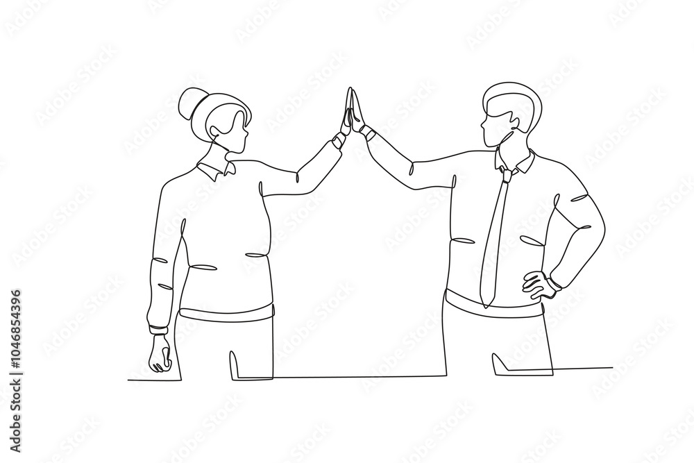 Single one line drawing young happy business man and business woman celebrating their success achieve business target. Colleagues who give high fives because they have successfully carried out their d Single one line drawing young happy business man and business woman celebrating their success achieve business target. Colleagues who give high fives because they have successfully carried out their d