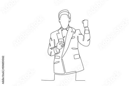 Single one line drawing young happy business man and business woman celebrating their success achieve business target. Business man who is happy because of success in career