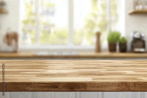 Empty wooden countertop with blurred background of a kitchen window.