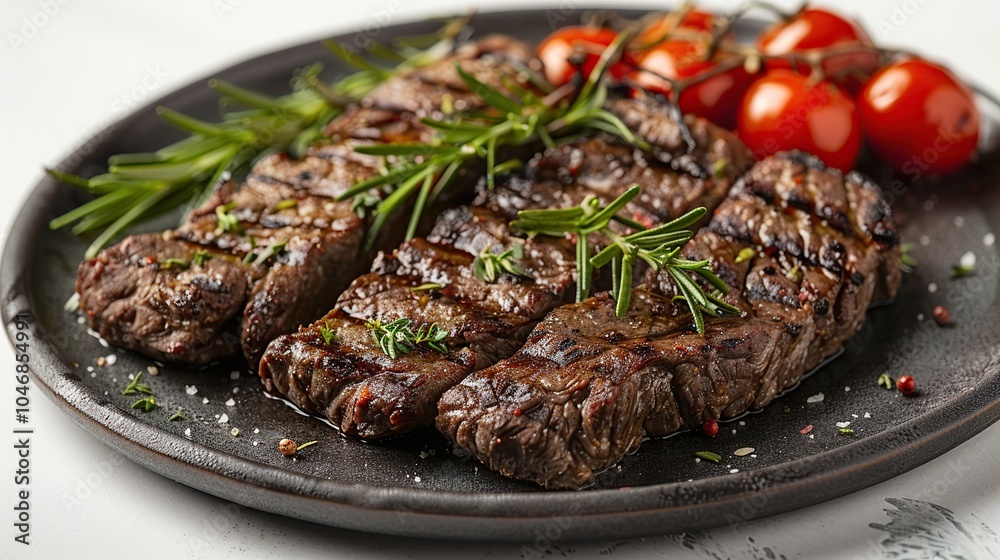 Grilled steak with rosemary and cherry tomatoes on a black plate. Grilled steak with rosemary and cherry tomatoes on a black plate.