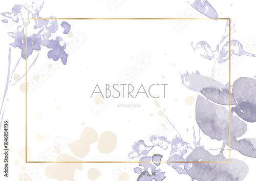 Flower Cover Background. Floral Vector Watercolor Abstract Design. Spring Leaves Art Poster with Gold Frames. Simple Summer Greeting Invitation. Botanical Elegant Card Template. Luxury Simple Geometri