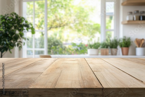 Empty wooden table against blurred background of a window with green plants and a kitchen.