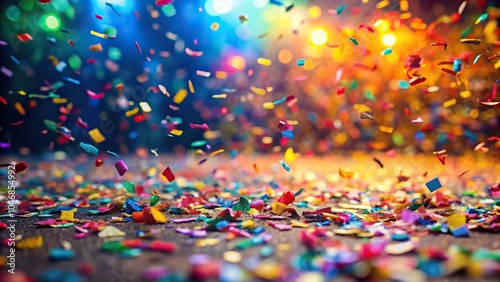 Confetti scattered on the ground after a joyful explosion of color and light, celebration, decorations, poppers, confetti