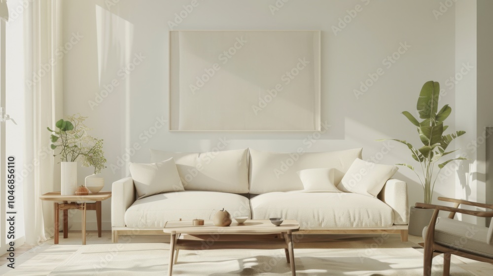A chic and serene living room design showcasing a white canvas backdrop, Carefully selected minimal furniture, Minimalist zen style A chic and serene living room design showcasing a white canvas backdrop, Carefully selected minimal furniture, Minimalist zen style