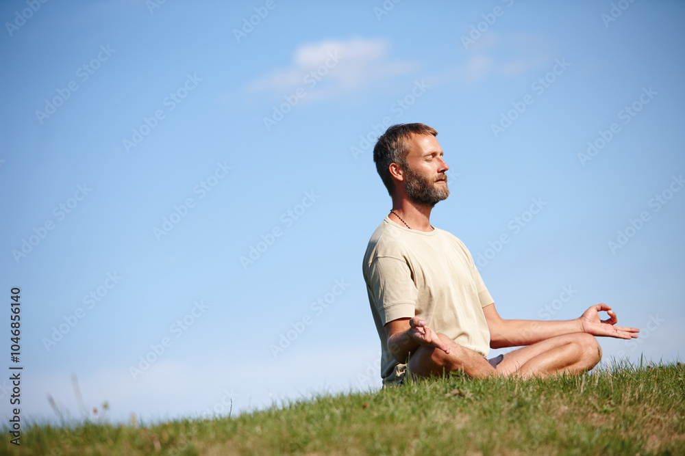Nature, lotus and man breathing for meditation, mockup space and holistic health with calm soul. Sit, grass and zen yogi in park for mindfulness, chakra balance or peace with awareness or fresh air Nature, lotus and man breathing for meditation, mockup space and holistic health with calm soul. Sit, grass and zen yogi in park for mindfulness, chakra balance or peace with awareness or fresh air