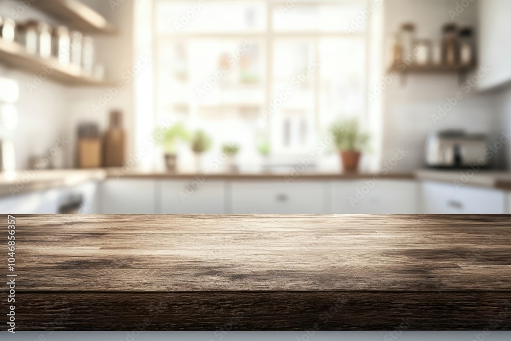 Wooden table top in a kitchen with a blurry background. Wooden table top in a kitchen with a blurry background.