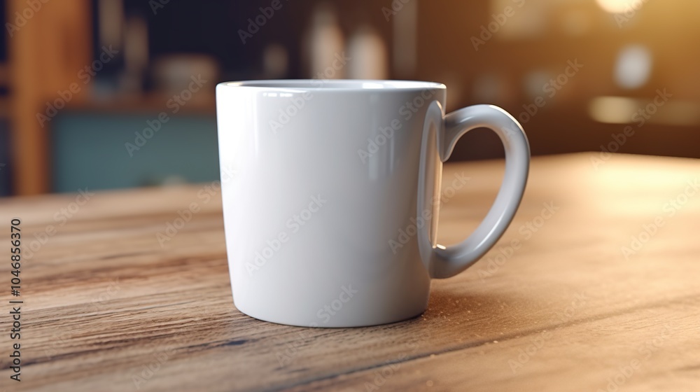 A white ceramic mug with a handle sits on a wooden table in a cozy home setting. A white ceramic mug with a handle sits on a wooden table in a cozy home setting.