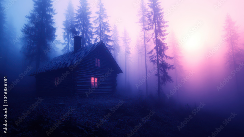 mysterious cabin stands in foggy forest, illuminated by soft, warm light from its windows. ethereal atmosphere is enhanced by surrounding tall trees and colorful twilight sky mysterious cabin stands in foggy forest, illuminated by soft, warm light from its windows. ethereal atmosphere is enhanced by surrounding tall trees and colorful twilight sky