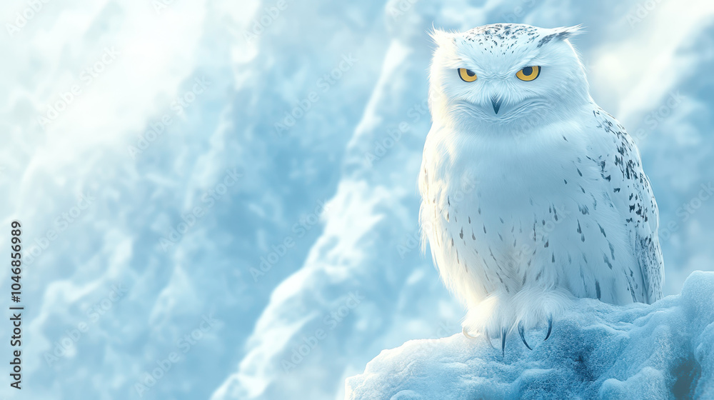 Obraz premium Majestic snowy owl perched on frosty landscape, showcasing its striking yellow eyes and white feathers. serene atmosphere evokes sense of wonder and tranquility