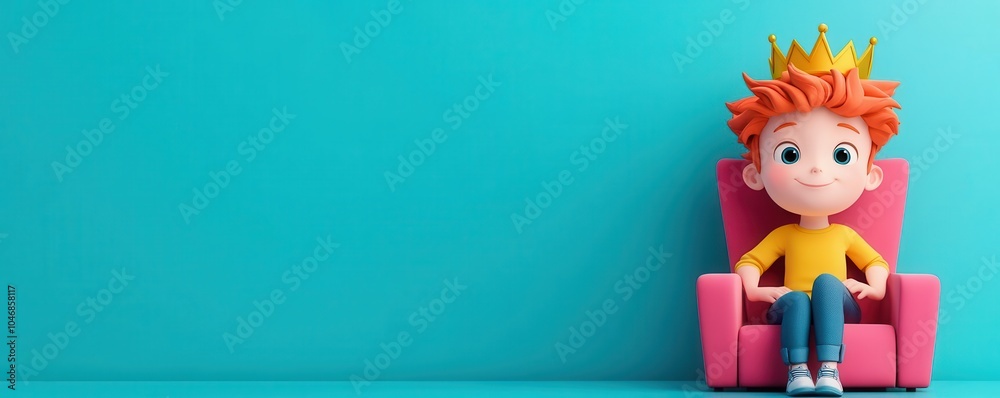 Fototapeta premium Popular kid wearing a crown sitting on a throne flat design front view fairytale theme 3D render Triadic Color Scheme