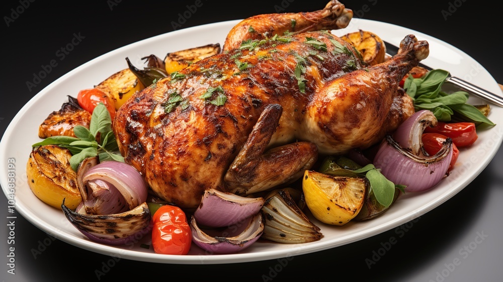 A roasted chicken on a platter with roasted vegetables. A roasted chicken on a platter with roasted vegetables.