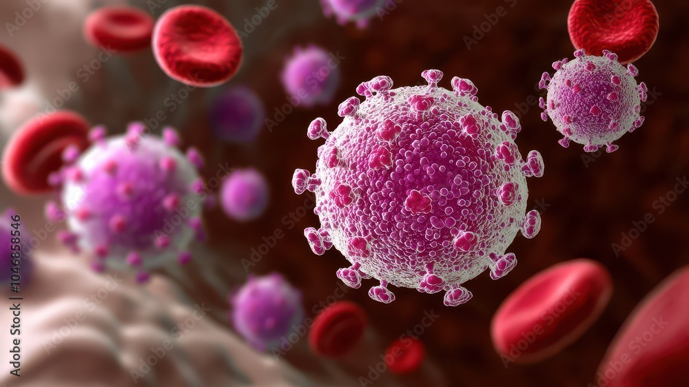 Virus cells in bloodstream on a detailed microscopic view. Virus cells in bloodstream on a detailed microscopic view.