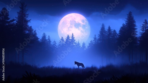 Wolf silhouette under a full moon in a misty forest.