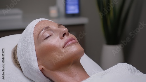 Woman relaxing during a facial treatment in a spa. photo