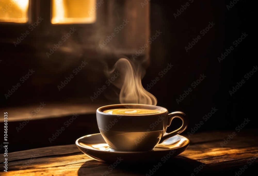 Fototapeta premium detailed close shot steaming coffee cup resting rustic wooden surface emphasizing rich aroma texture brew, beverage, drink, ceramic, white, table, warm, cozy