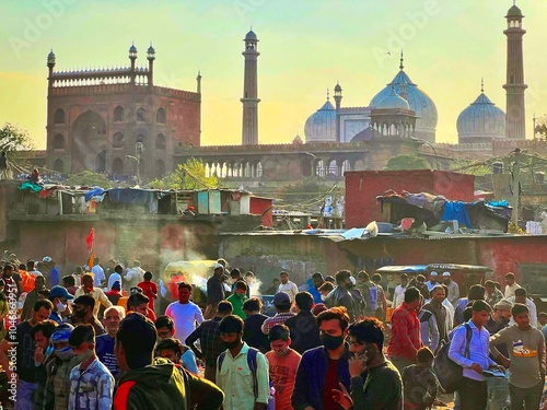 Sunday chor market infront of jama mosque moschee in delhi india. photo