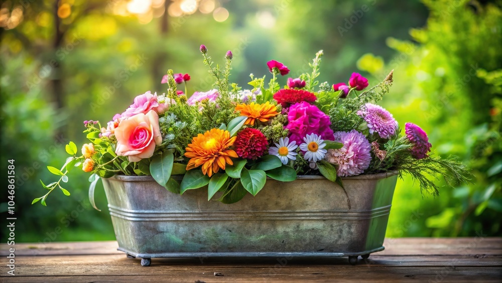 Naklejka premium Freshly picked flowers are arranged in a vintage metal planter surrounded by lush greenery, flowers, earthy tones, natural elements