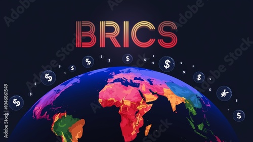 Global financial network representing BRICS nations with a colorful world map.