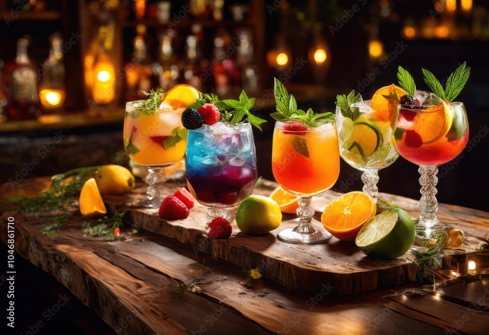 colorful vibrant cocktail ingredients artfully arranged rustic wooden bar surface delicious beverage inspiration, drink, mixer, fruit, mint, ice, glass colorful vibrant cocktail ingredients artfully arranged rustic wooden bar surface delicious beverage inspiration, drink, mixer, fruit, mint, ice, glass