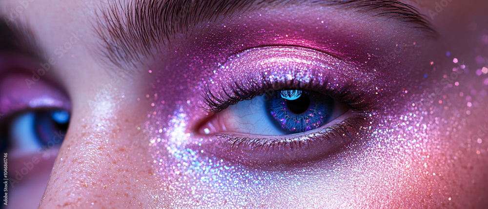 Closeup of a Womans Eye with Pink Glitter Makeup Closeup of a Womans Eye with Pink Glitter Makeup