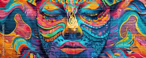 Vibrant street art mural on a brick wall, 4K hyperrealistic photo