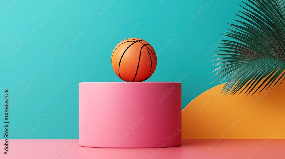 Obraz premium Basketball balancing on pink cylindrical stand with teal and orange background and a palm leaf