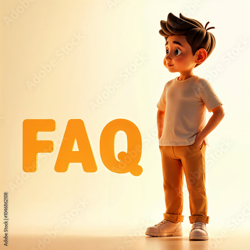 a picture of a little boy with a shirt that says a yellow sign that says FAQ Frequently Asked Ques photo