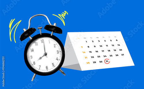 Modern collage with calendar and ringing alarm clock. Agenda, deadline concept. Reminder on calendar. Alert for business planning