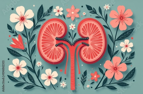 illustration depicting kidneys surrounded delicately by a variety of colorful flowers along with vibrant green leaves