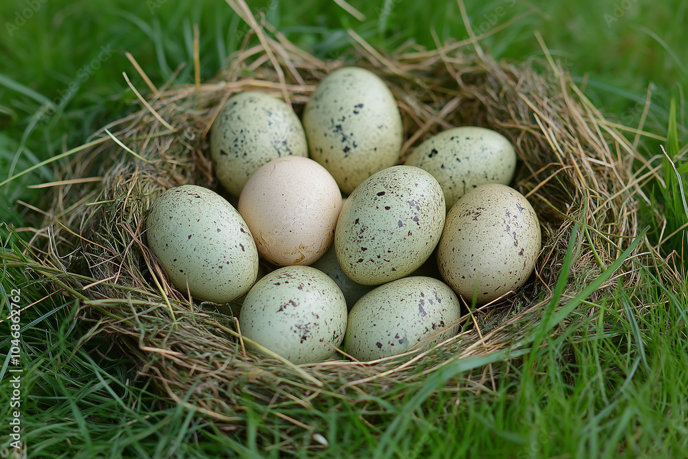 Nest of speckled eggs resting gently in lush green grass under soft morning light. Generative AI Nest of speckled eggs resting gently in lush green grass under soft morning light. Generative AI