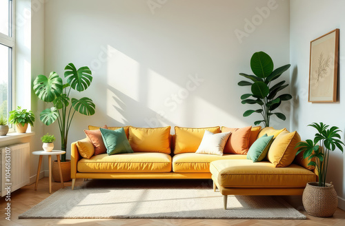 In a cozy living room adorned with a bright yellow couch, various potted plants are strategically placed around the space