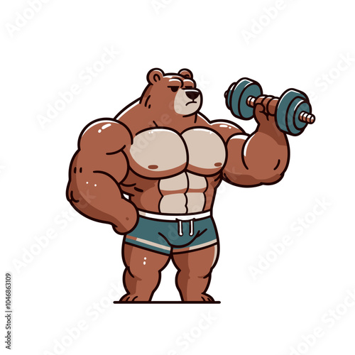 cartoon bear bodybuilder powerlifter holding barbell vector isolated illustration	