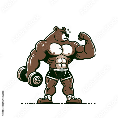 cartoon bear bodybuilder powerlifter holding barbell vector isolated illustration	